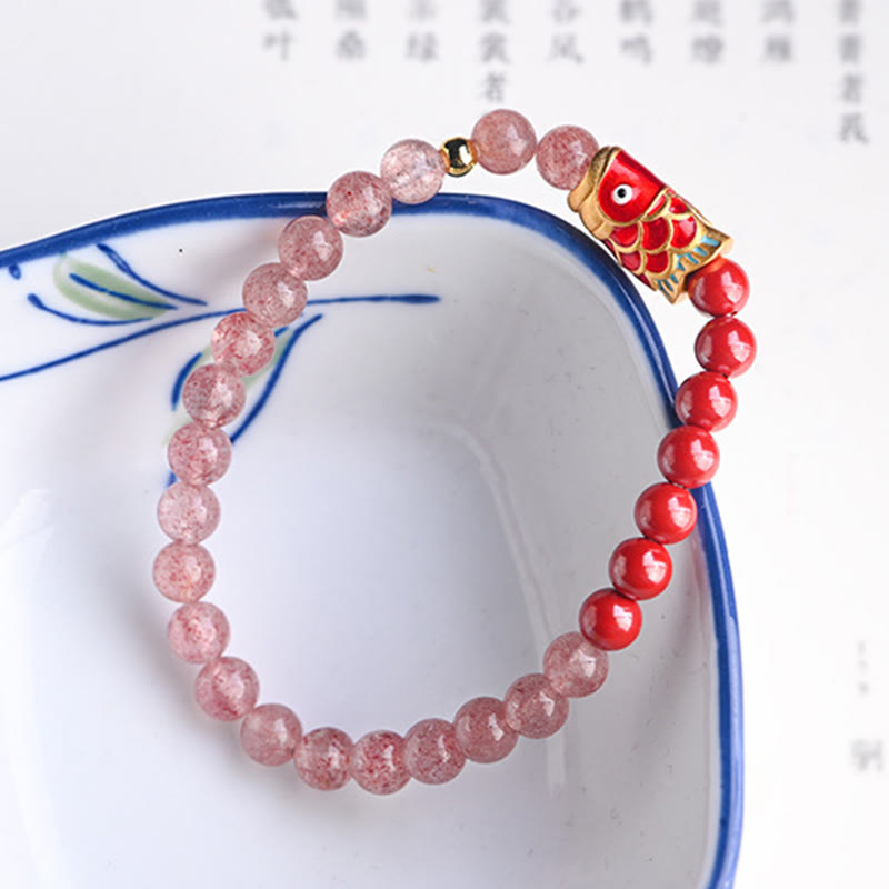 Stone of buddha Natural Strawberry Quartz Cinnabar Lucky Koi Fish Healing Bracelet