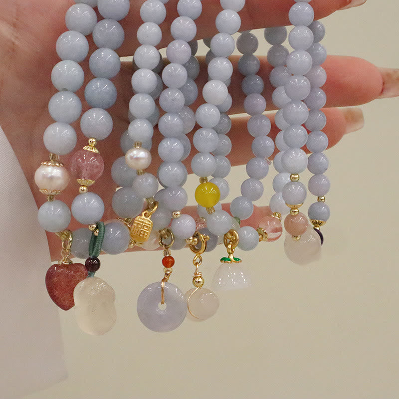 Stone of buddha Natural Aquamarine Chalcedony Serenity Rabbit Gourd Cat Charm Bracelet