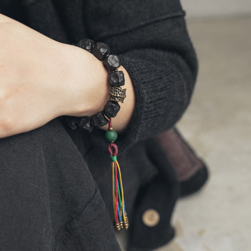 Stone of buddha Tibet Ebony Wood Copper Peace Tassel Wrist Mala Bracelet
