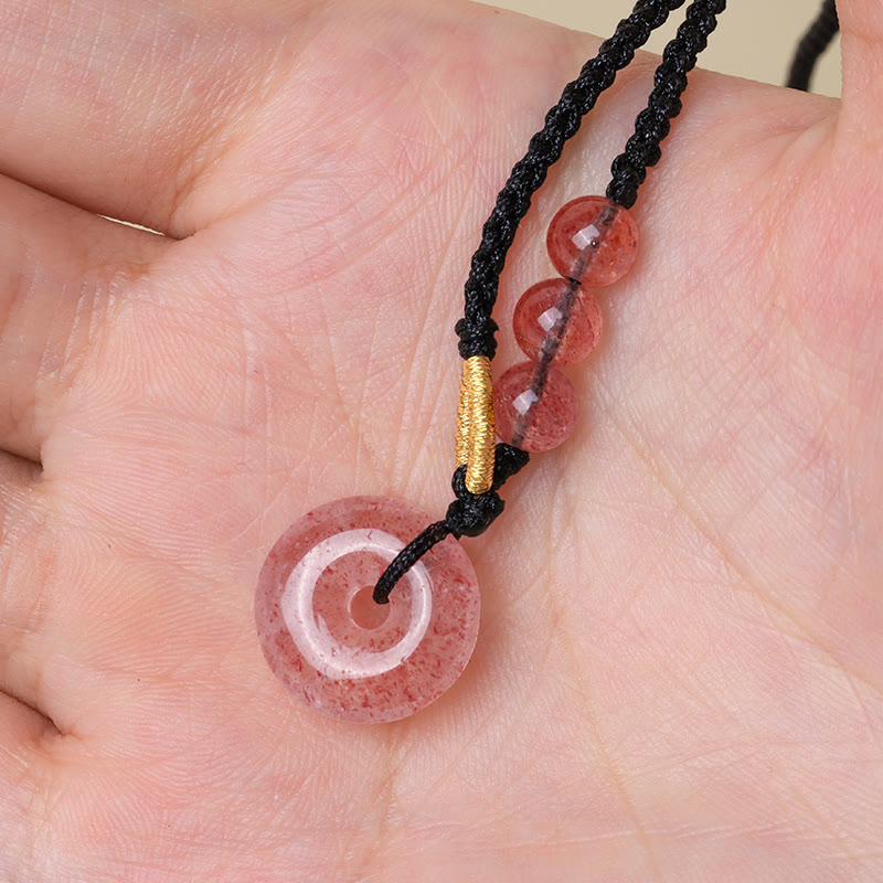 Stone of buddha Strawberry Quartz Chalcedony Peace Buckle Healing Necklace Pendant