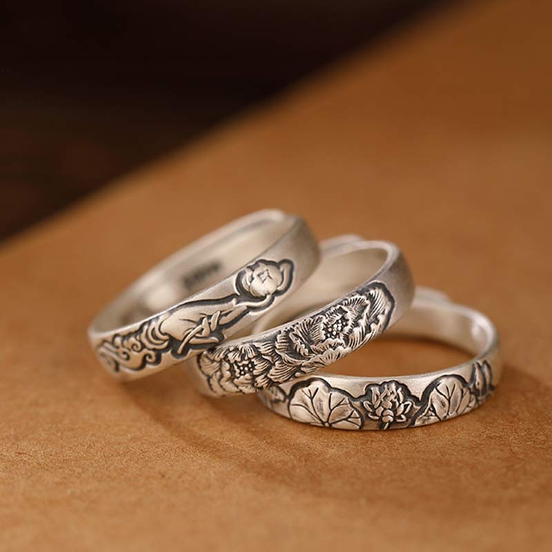 Stone of buddha 999 Sterling Silver Lotus Peony Flower Enlightenment Ring