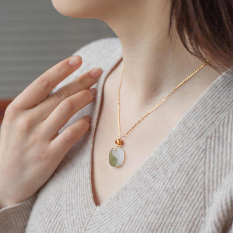 Stone of buddha Yin Yang Jade 18K Gold Luck Prosperity Necklace Pendant
