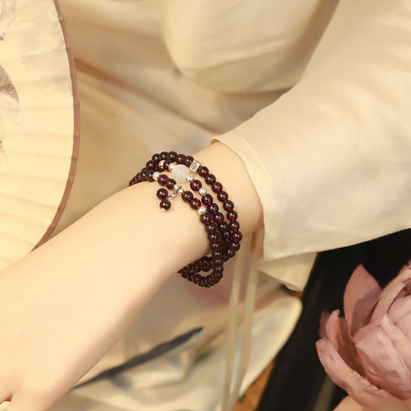 Stone of buddha 925 Sterling Silver Natural Garnet Cat Eye Protection Triple Wrap Bracelet