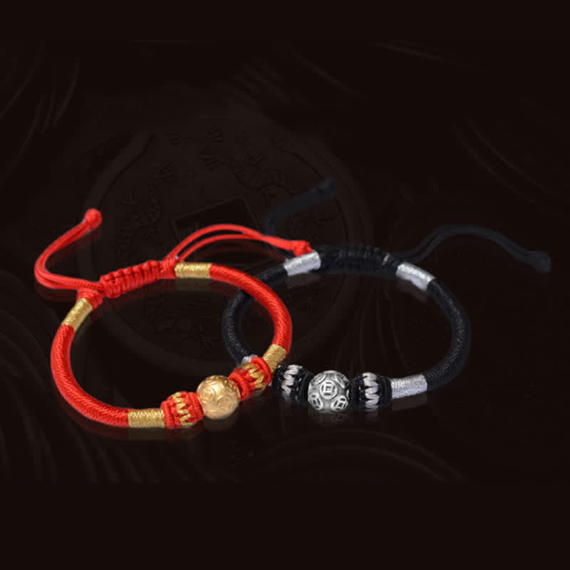 Stone of buddha 999 Sterling Silver Round Copper Coin Protection Luck Beaded String Bracelet