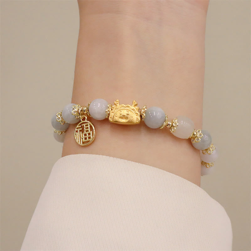 Stone of buddha Year Of The Dragon Red Agate Strawberry Quartz Black Obsidian Jade Garnet Pearl Cinnabar Dumpling Dragon Luck Fu Character Bracelet