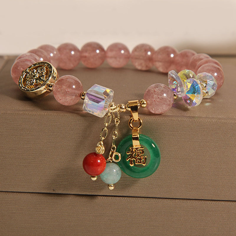 Stone of buddha Strawberry Quartz Jade Fu Character Charm Healing Bracelet