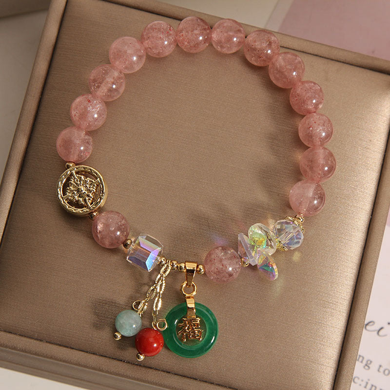 Stone of buddha Strawberry Quartz Jade Fu Character Charm Healing Bracelet