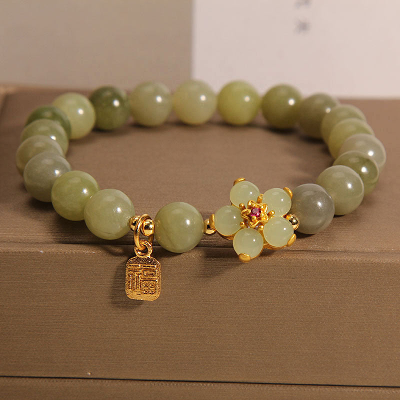 Stone of buddha Green Jade Flower Fu Character Charm Luck Bracelet
