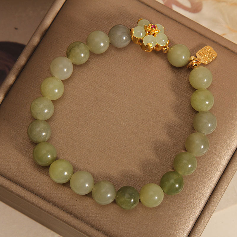 Stone of buddha Green Jade Flower Fu Character Charm Luck Bracelet