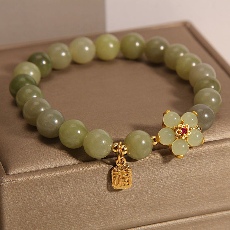 Stone of buddha Green Jade Flower Fu Character Charm Luck Bracelet