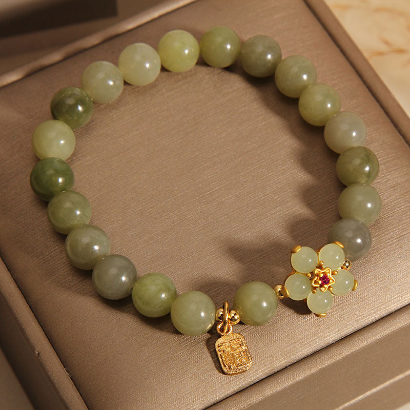 Stone of buddha Green Jade Flower Fu Character Charm Luck Bracelet