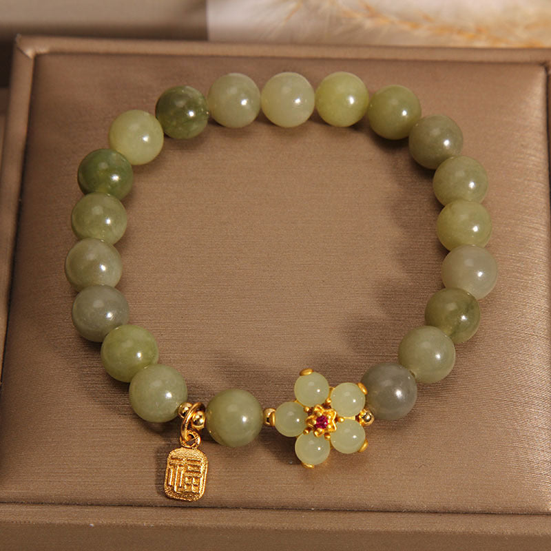 Stone of buddha Green Jade Flower Fu Character Charm Luck Bracelet