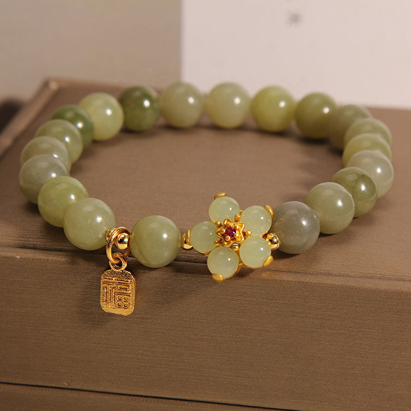 Stone of buddha Green Jade Flower Fu Character Charm Luck Bracelet