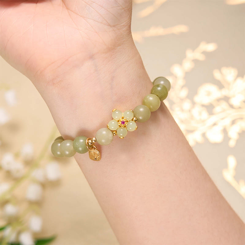 Stone of buddha Green Jade Flower Fu Character Charm Luck Bracelet