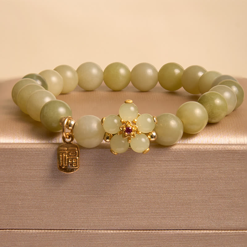 Stone of buddha Green Jade Flower Fu Character Charm Luck Bracelet