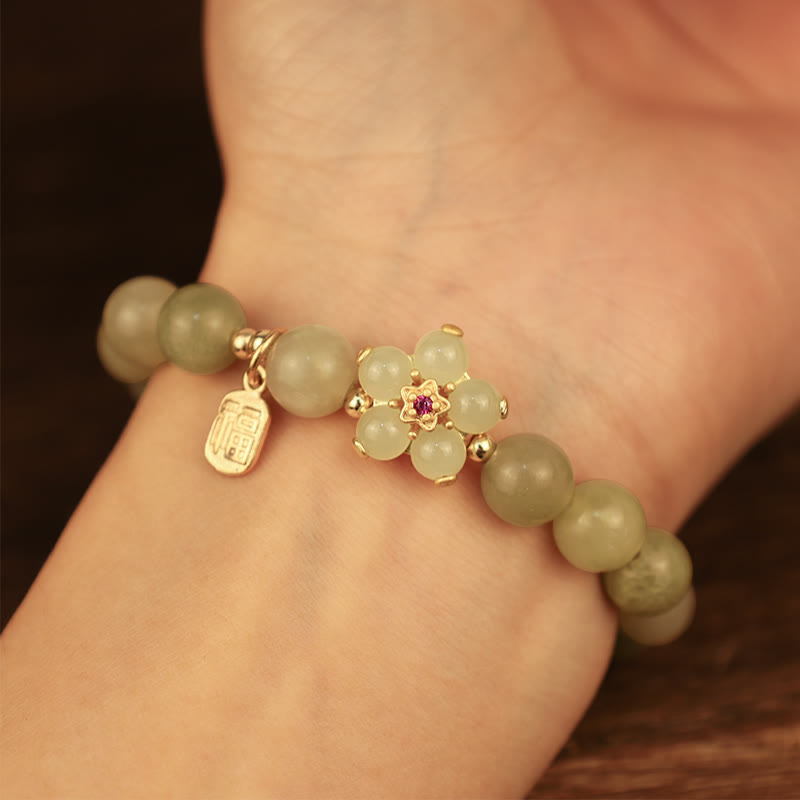 Stone of buddha Green Jade Flower Fu Character Charm Luck Bracelet