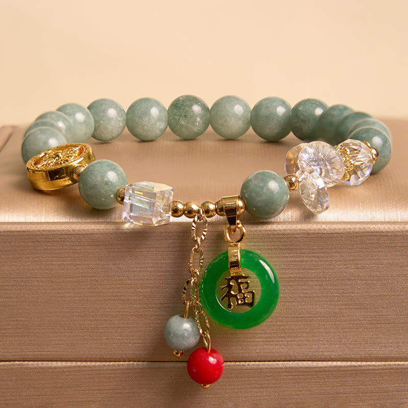 Stone of buddha Strawberry Quartz Jade Fu Character Charm Healing Bracelet