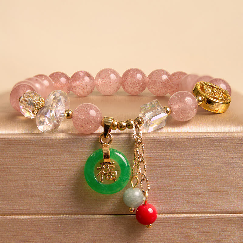 Stone of buddha Strawberry Quartz Jade Fu Character Charm Healing Bracelet