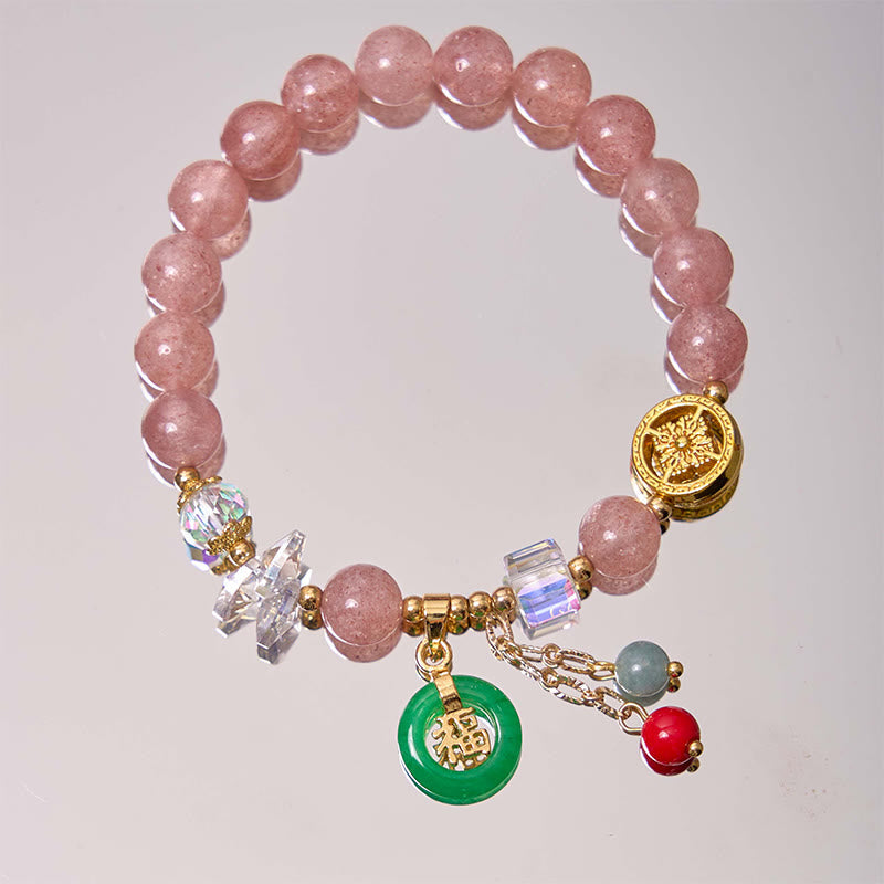 Stone of buddha Strawberry Quartz Jade Fu Character Charm Healing Bracelet