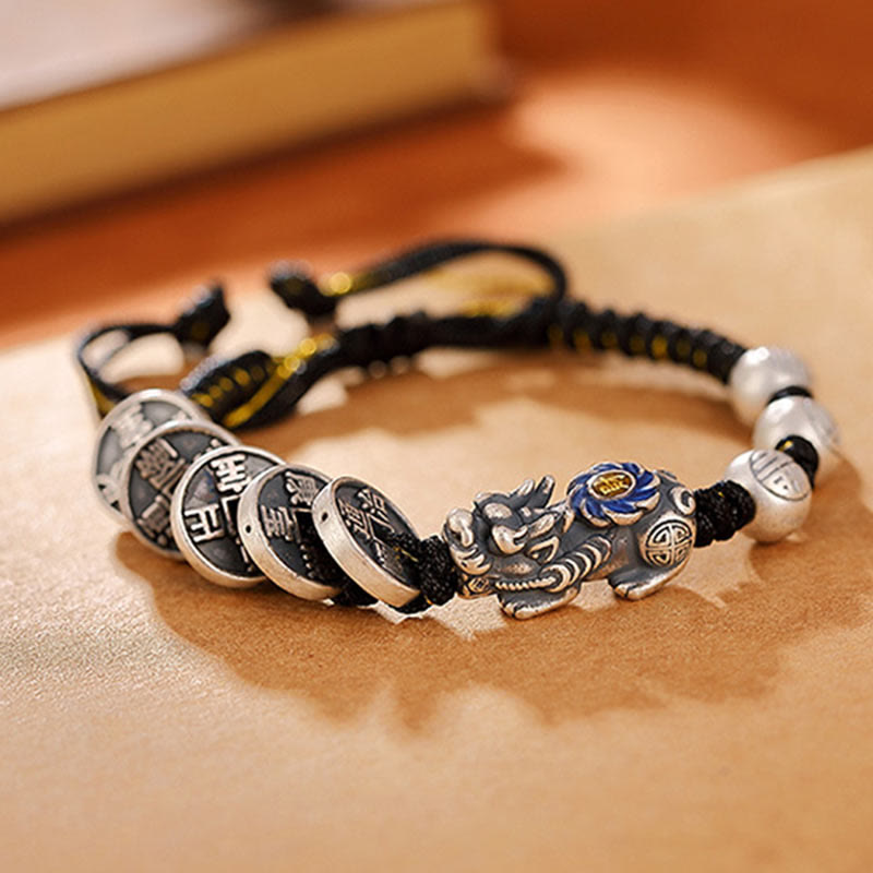 Stone of buddha 999 Sterling Silver FengShui PiXiu Copper Coin Fu Character Wealth Braided Bracelet