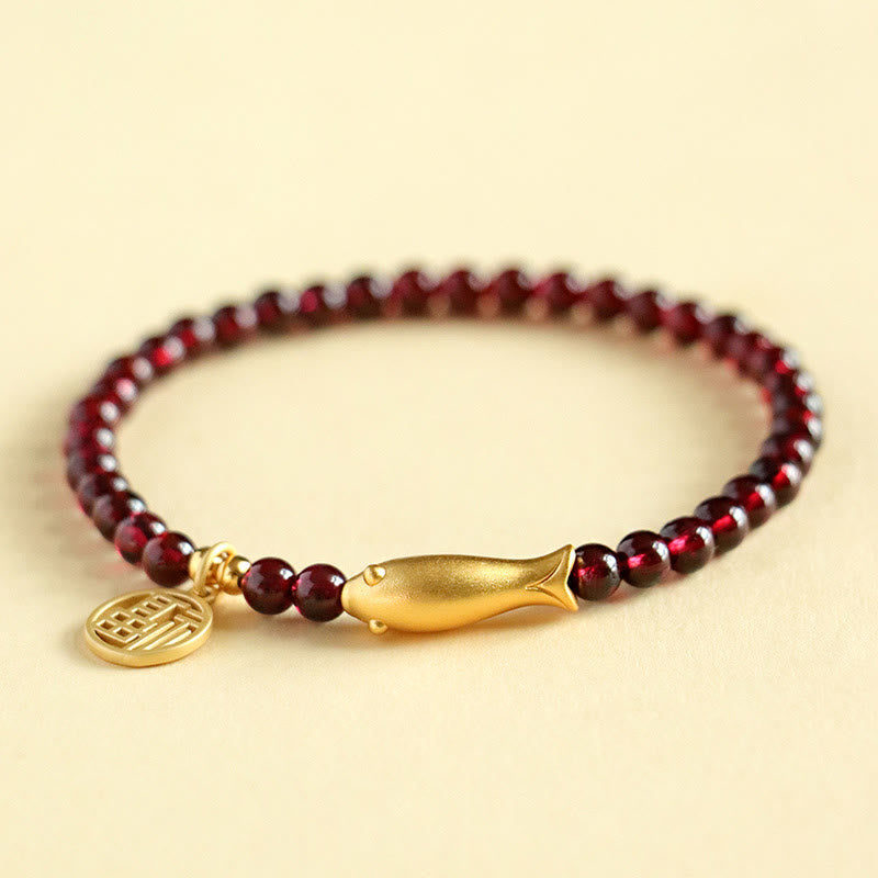 Stone of buddha Garnet 925 Sterling Silver Fish Fu Character Purification Bracelet