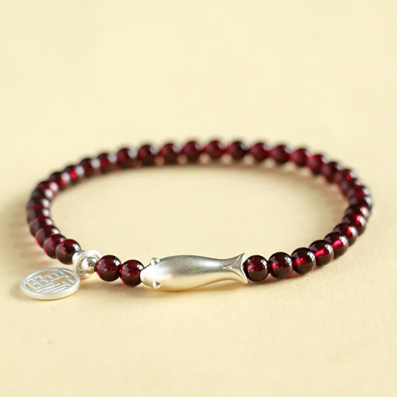 Stone of buddha Garnet 925 Sterling Silver Fish Fu Character Purification Bracelet