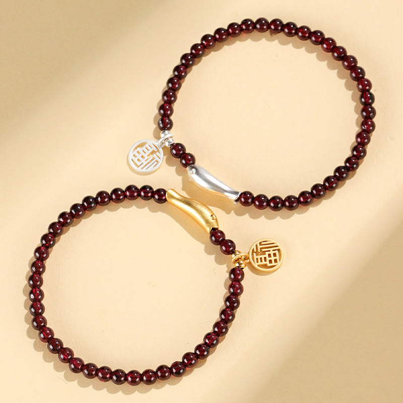 Stone of buddha Garnet 925 Sterling Silver Fish Fu Character Purification Bracelet