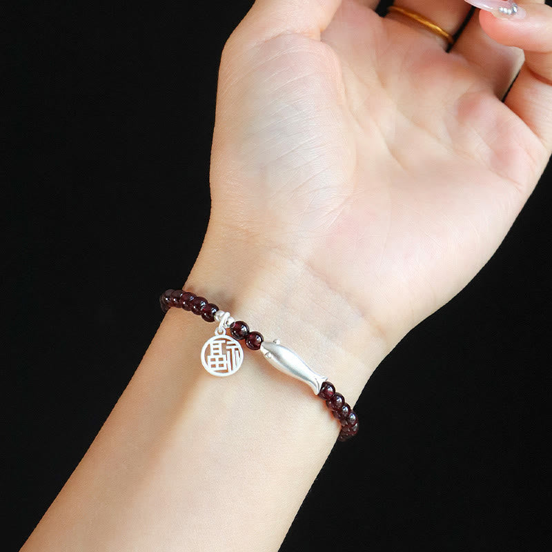 Stone of buddha Garnet 925 Sterling Silver Fish Fu Character Purification Bracelet