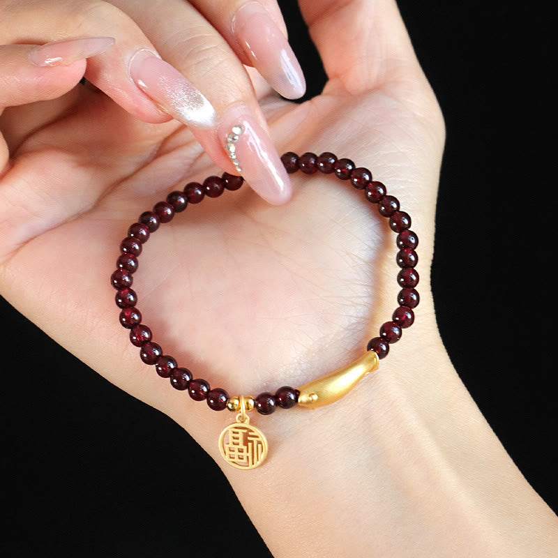 Stone of buddha Garnet 925 Sterling Silver Fish Fu Character Purification Bracelet