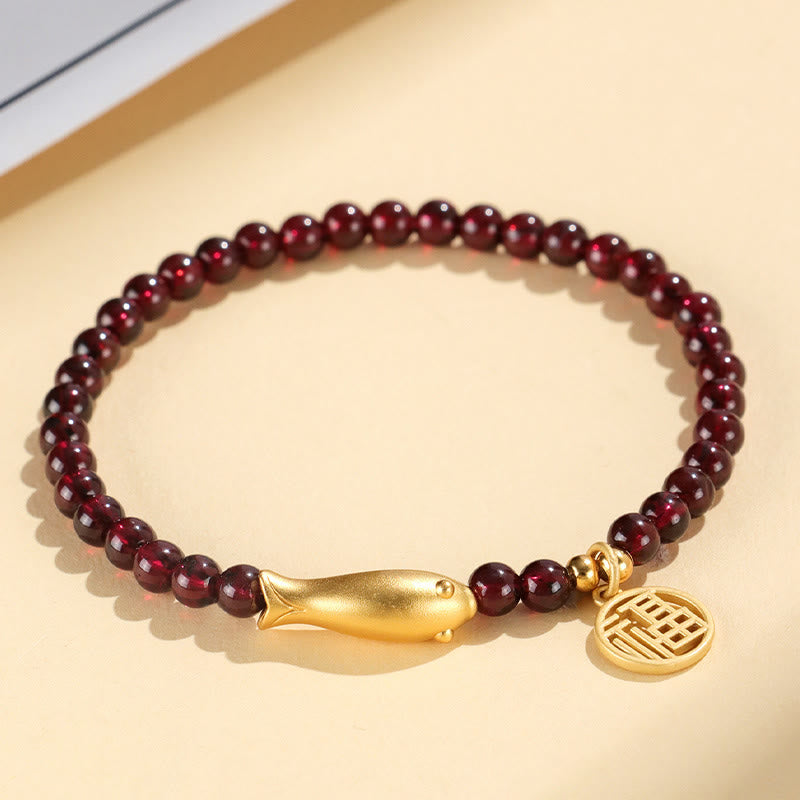 Stone of buddha Garnet 925 Sterling Silver Fish Fu Character Purification Bracelet