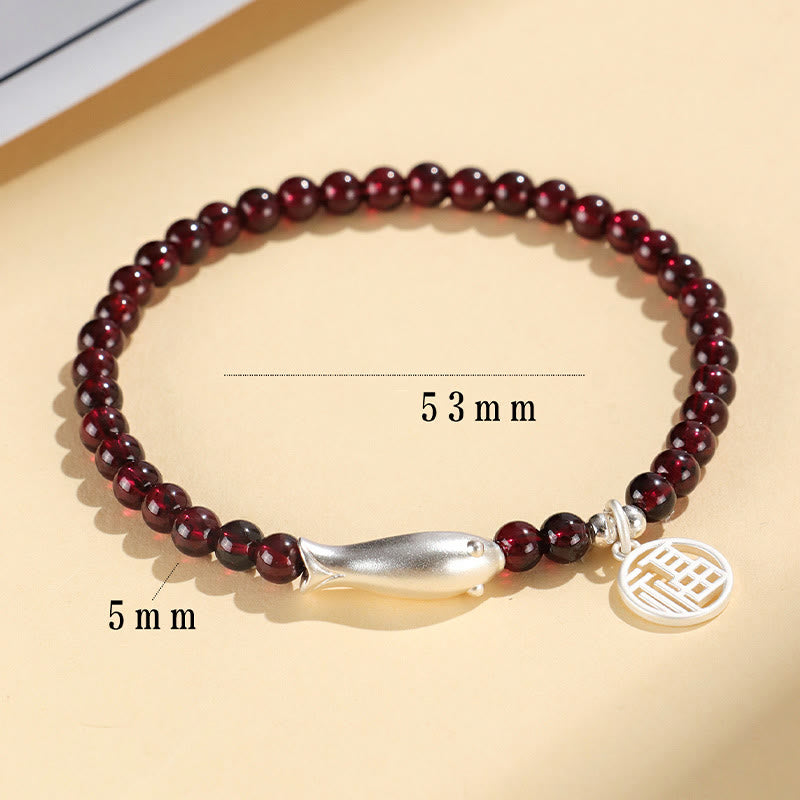 Stone of buddha Garnet 925 Sterling Silver Fish Fu Character Purification Bracelet