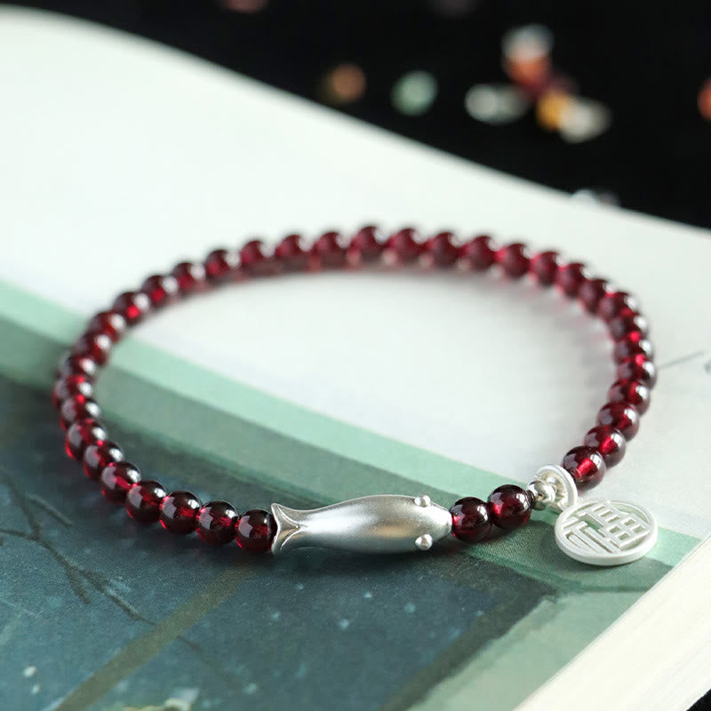 Stone of buddha Garnet 925 Sterling Silver Fish Fu Character Purification Bracelet