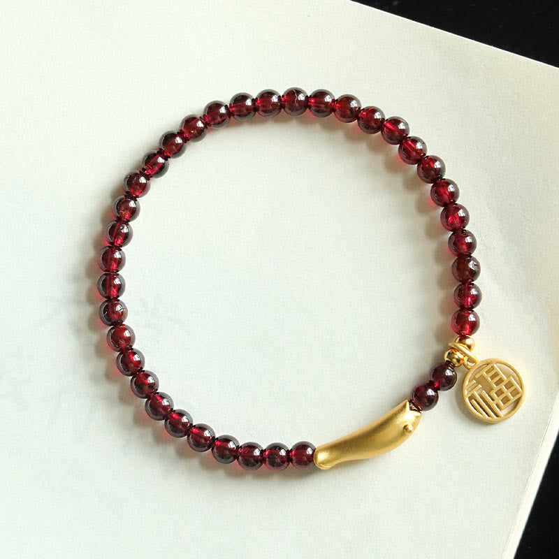 Stone of buddha Garnet 925 Sterling Silver Fish Fu Character Purification Bracelet