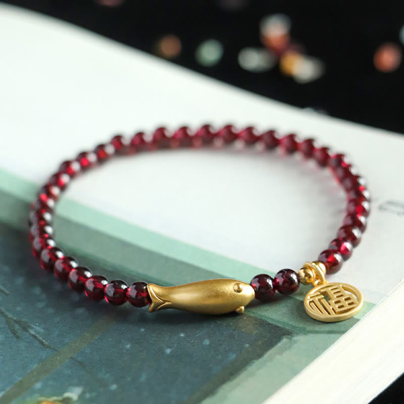 Stone of buddha Garnet 925 Sterling Silver Fish Fu Character Purification Bracelet