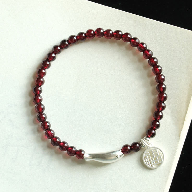 Stone of buddha Garnet 925 Sterling Silver Fish Fu Character Purification Bracelet