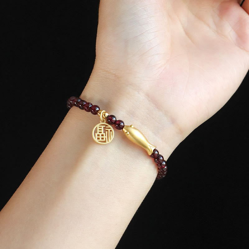 Stone of buddha Garnet 925 Sterling Silver Fish Fu Character Purification Bracelet