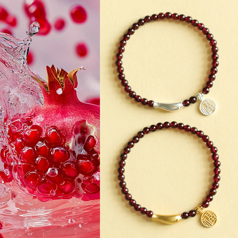 Stone of buddha Garnet 925 Sterling Silver Fish Fu Character Purification Bracelet