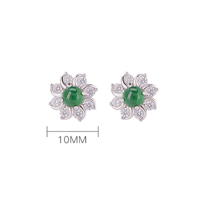 Stone of buddha 925 Sterling Silver Round Jade Flower Prosperity Earrings
