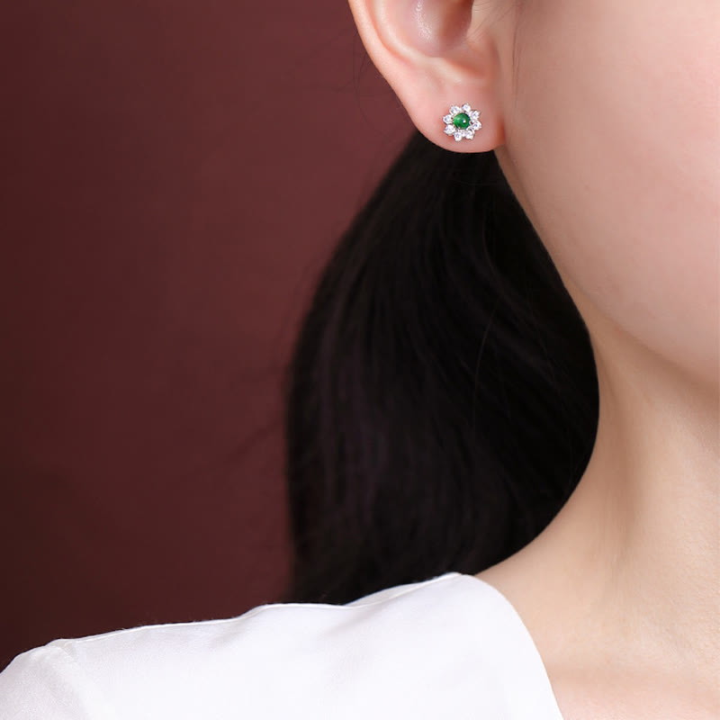 Stone of buddha 925 Sterling Silver Round Jade Flower Prosperity Earrings