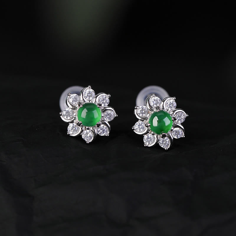 Stone of buddha 925 Sterling Silver Round Jade Flower Prosperity Earrings