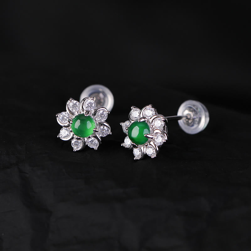 Stone of buddha 925 Sterling Silver Round Jade Flower Prosperity Earrings