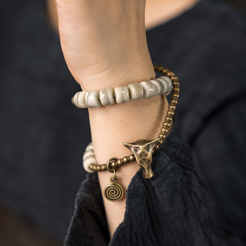Stone of buddha White Yak Bone Copper Yak Head Double Wrap Balance Bracelet