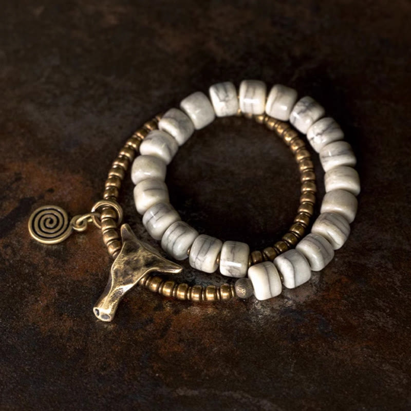 Stone of buddha White Yak Bone Copper Yak Head Double Wrap Balance Bracelet