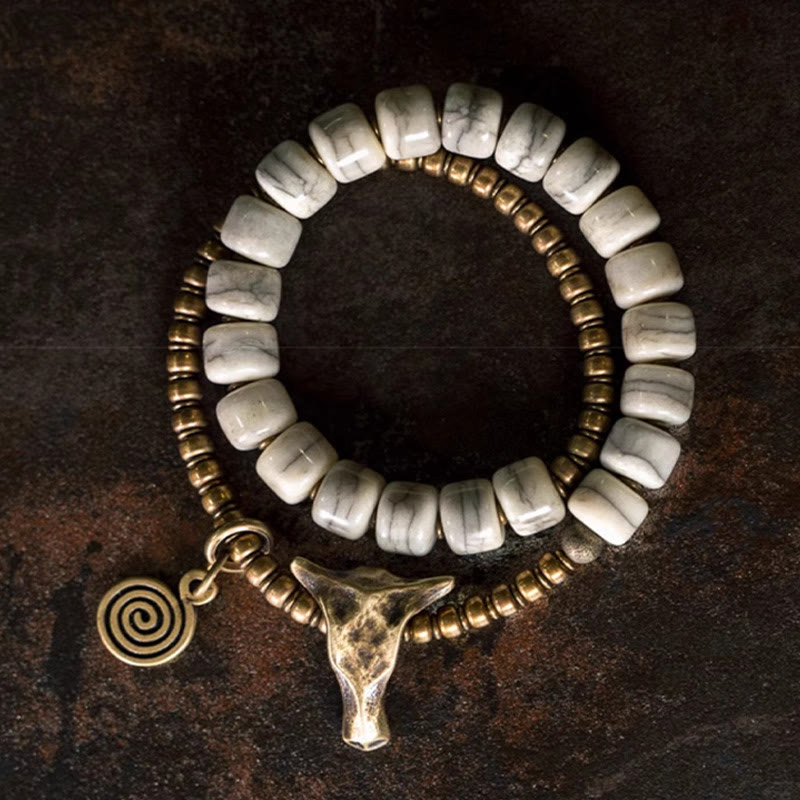 Stone of buddha White Yak Bone Copper Yak Head Double Wrap Balance Bracelet