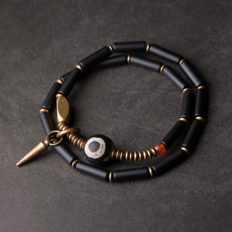 Stone of buddha Black Onyx Copper Dzi Bead Cone Pendant Double Wrap Protection Bracelet