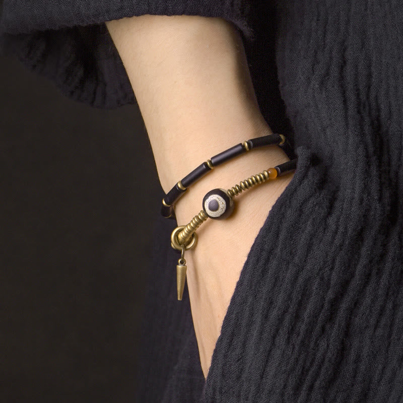 Stone of buddha Black Onyx Copper Dzi Bead Cone Pendant Double Wrap Protection Bracelet