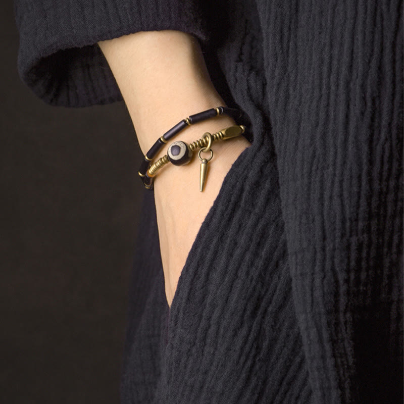 Stone of buddha Black Onyx Copper Dzi Bead Cone Pendant Double Wrap Protection Bracelet