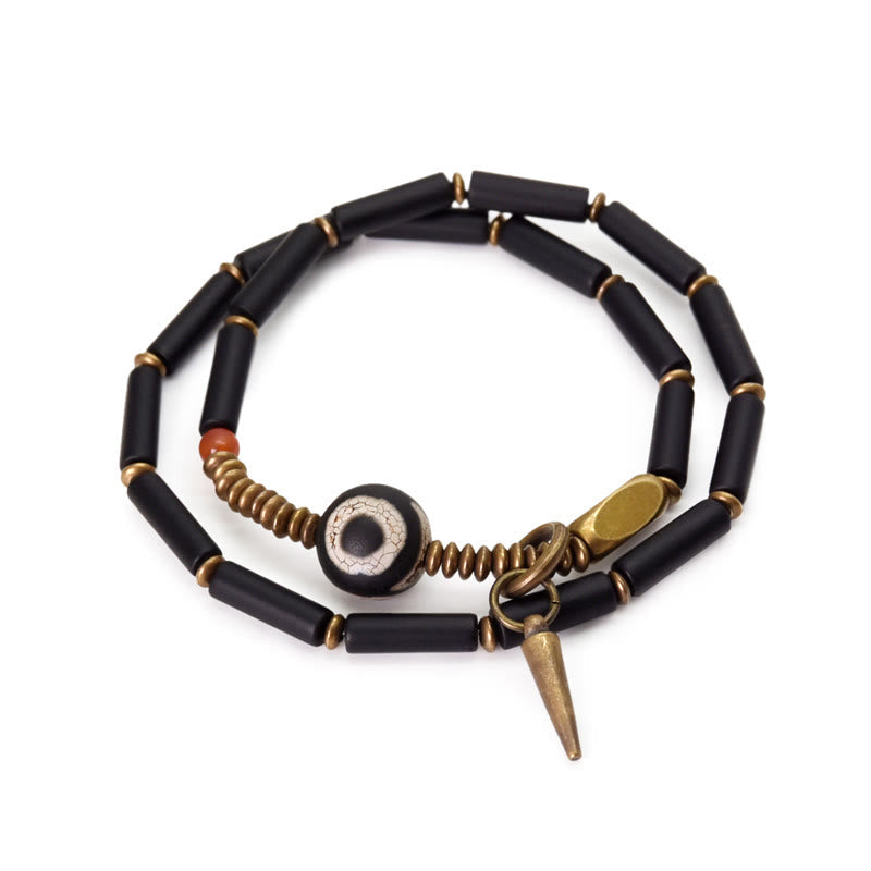 Stone of buddha Black Onyx Copper Dzi Bead Cone Pendant Double Wrap Protection Bracelet
