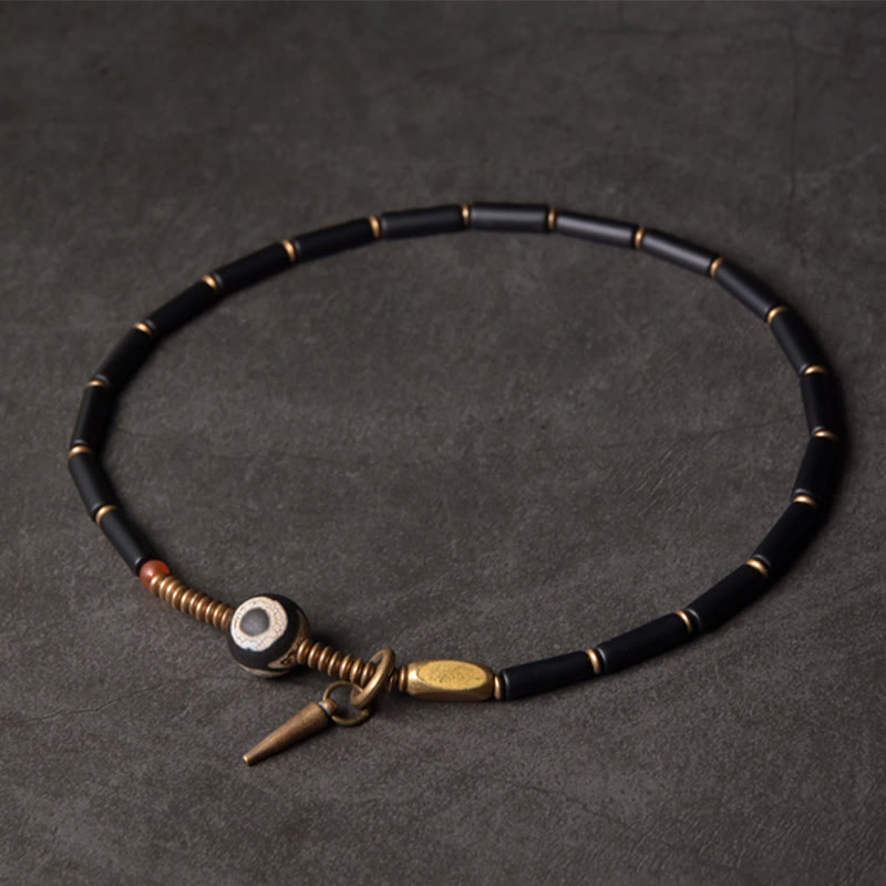 Stone of buddha Black Onyx Copper Dzi Bead Cone Pendant Double Wrap Protection Bracelet