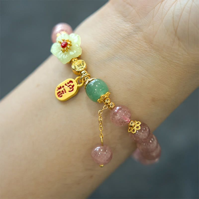 Stone of buddha Natural Strawberry Quartz Blossom Fu Character Positivity Healing Bracelet